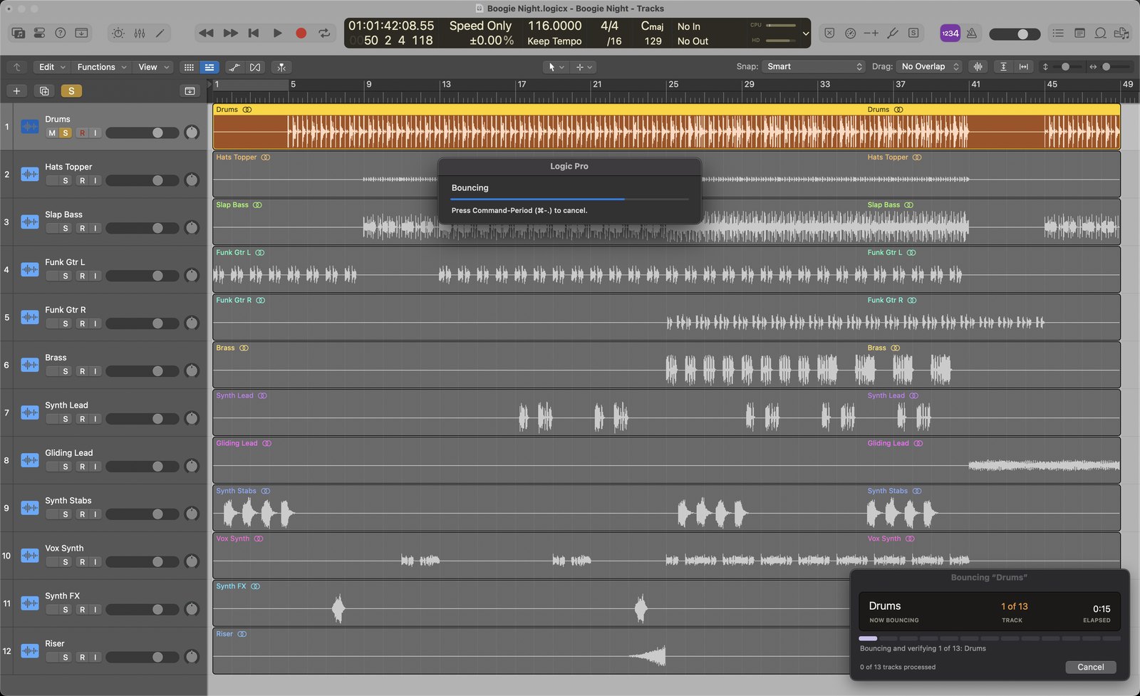 Logic bouncing the soloed Drums track while Stem Buddy's progress panel shows track 1 of 13.